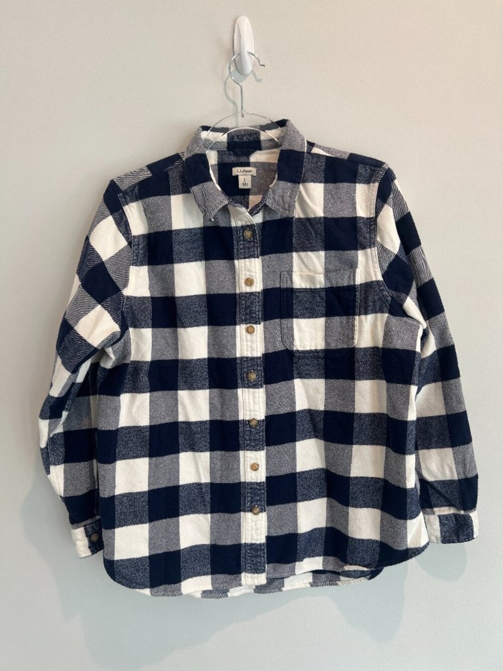 L.L. Bean Heavyweight Flannel Shirt Navy White Buffalo Plaid Size Petite Large P